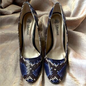 Brown, purple and white printed 4" shoes with brown suede heels.